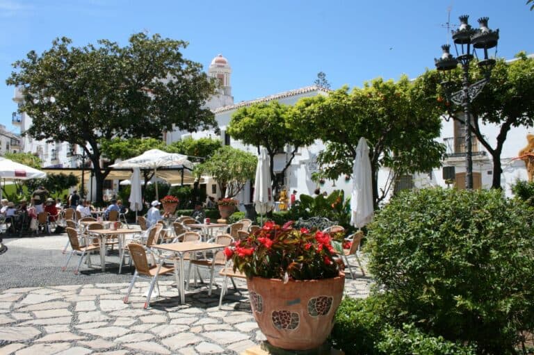 Plaza de las Flores de Estepona con macetas y fachadas encaladas