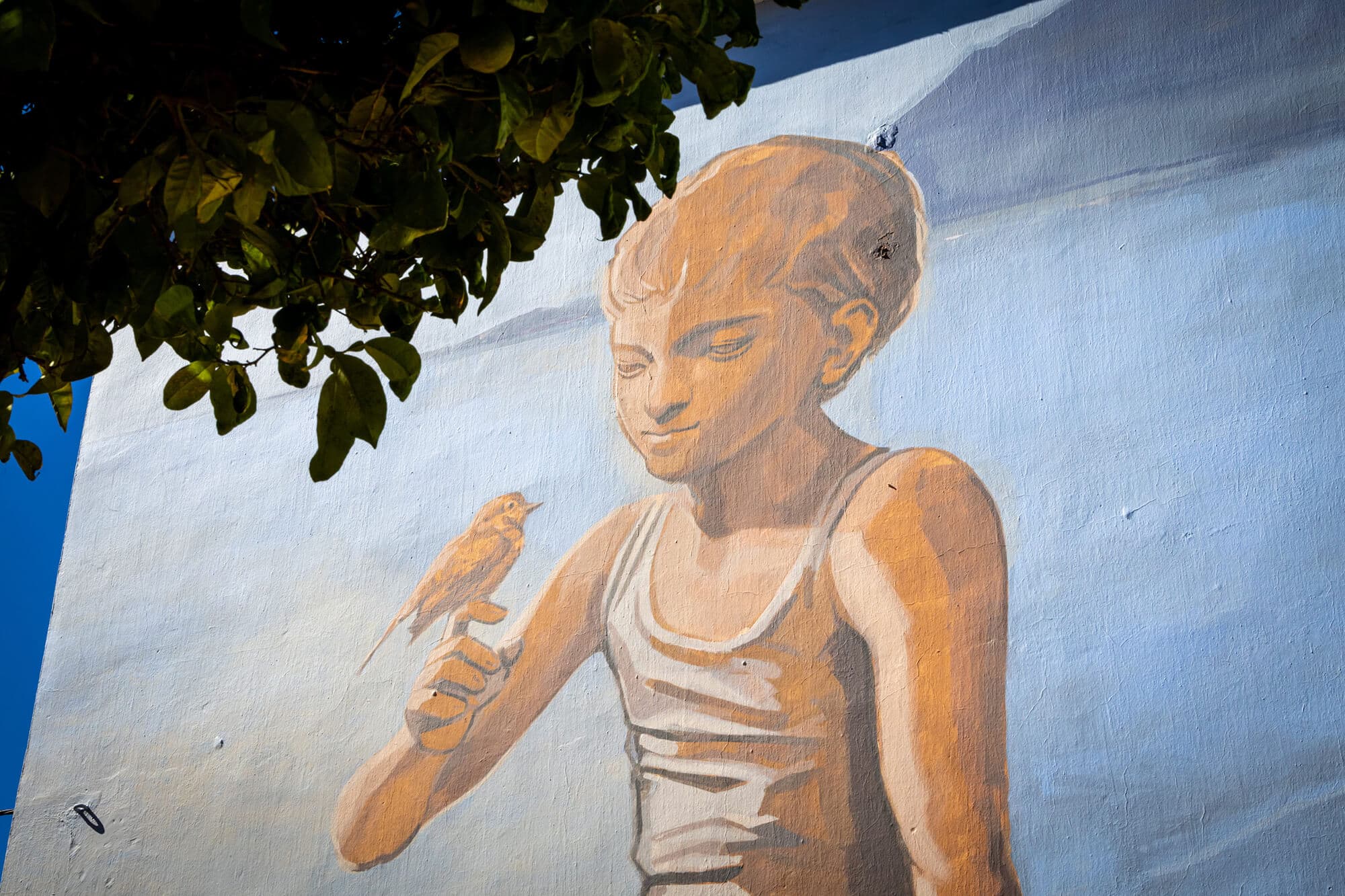 Mural "Niño y Gorrión" de Borja Fernández "Mural 13" en Estepona